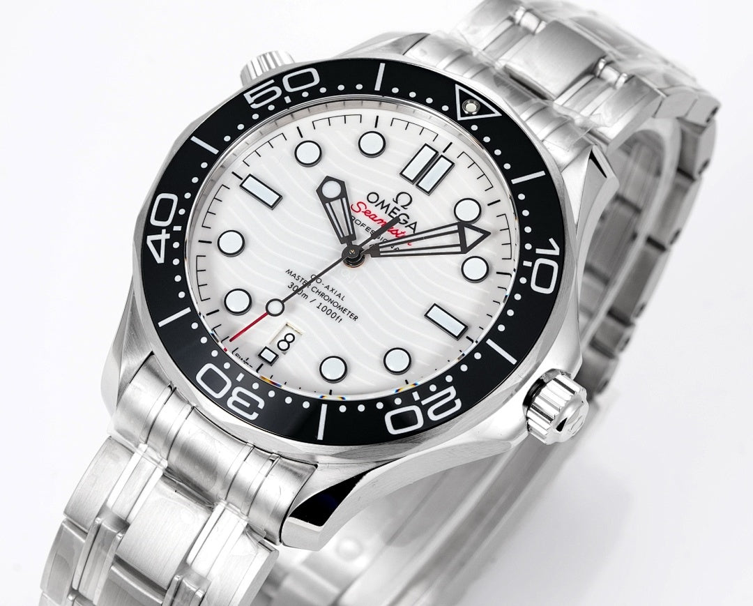 Omega watch front view angled, black bezel and white dial with baton hour markers.