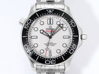 Omega watch straight-on front view, black bezel, white dial, and stainless steel bracelet.