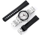 Omega watch shown with stainless steel bracelet and black rubber strap pair.