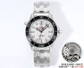 Omega watch with stainless steel bracelet, black bezel, and white dial; caseback inset shown.