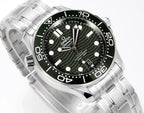 Green dial diver watch with luminous markers, steel bracelet, and rotating bezel