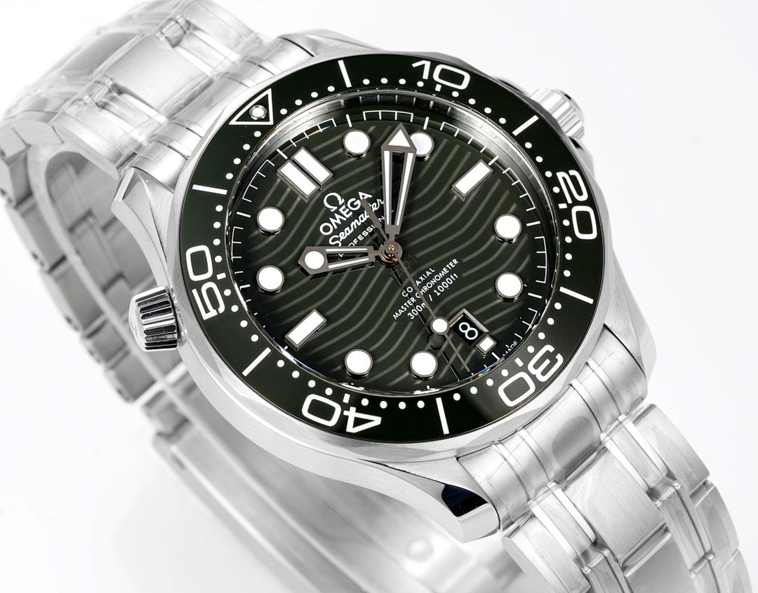 Green dial diver watch with luminous markers, steel bracelet, and rotating bezel