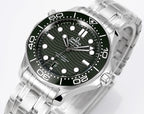 Diver watch with green dial and bezel, lumed hands, and stainless steel bracelet
