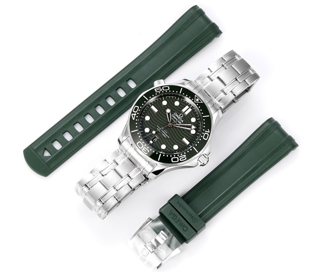 Diver watch on green rubber straps with stainless steel case and clasp