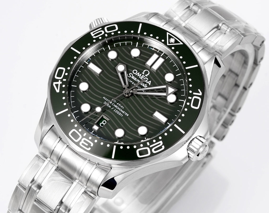 Stainless steel diver wristwatch angled view with green bezel and luminous hour markers