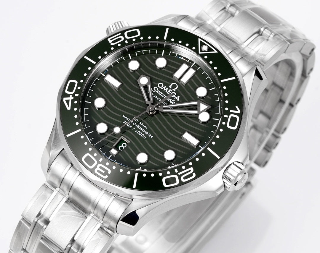 Stainless steel diver wristwatch angled view with green bezel and luminous hour markers