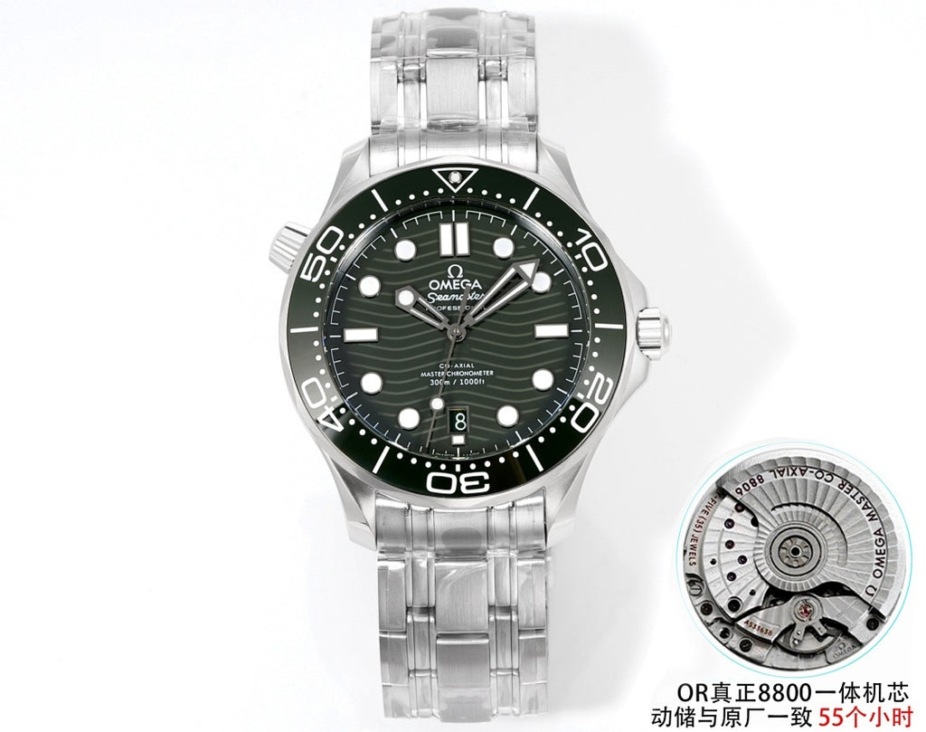 Stainless steel diver wristwatch front view with green dial and rotating bezel