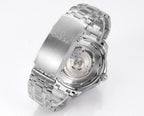 Stainless steel diver wristwatch side view with polished case and metal bracelet