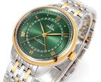 Two-tone wristwatch with green dial, gold bezel, and stainless steel bracelet
