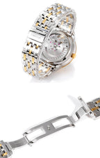 Two-tone wristwatch with bracelet and see-through dial viewed at an angle