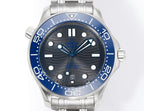 Omega watch front view, blue dial and bezel, silver stainless bracelet, baton markers