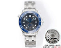 Omega watch, blue dial and bezel, silver stainless bracelet, metal hour markers