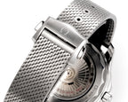 Stainless steel wristwatch with textured mesh strap and crown side detail