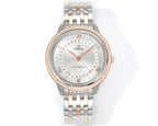 Two-tone wristwatch front view: silver bracelet, light dial, rose-gold bezel accents