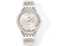 Two-tone wristwatch with silver bracelet, rose-gold bezel, light dial, Roman numerals