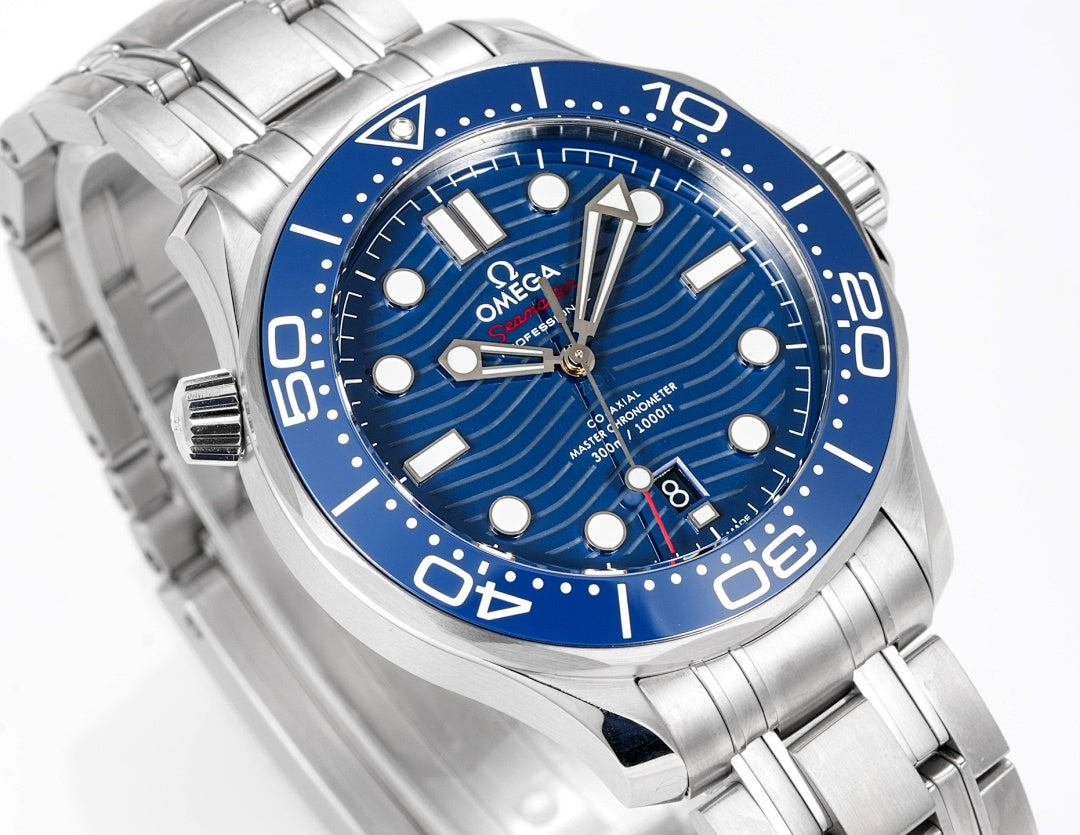 Omega wristwatch angled front view with blue dial, steel bezel and link bracelet