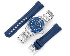 Omega wristwatch with blue rubber strap, stainless steel clasp, and blue dial
