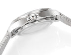 Stainless steel watch case with crown and gray mesh bracelet, close side profile.
