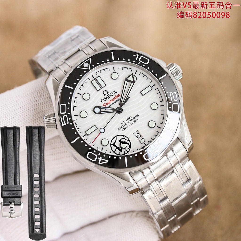 Omega watch with white dial and black bezel, stainless steel bracelet