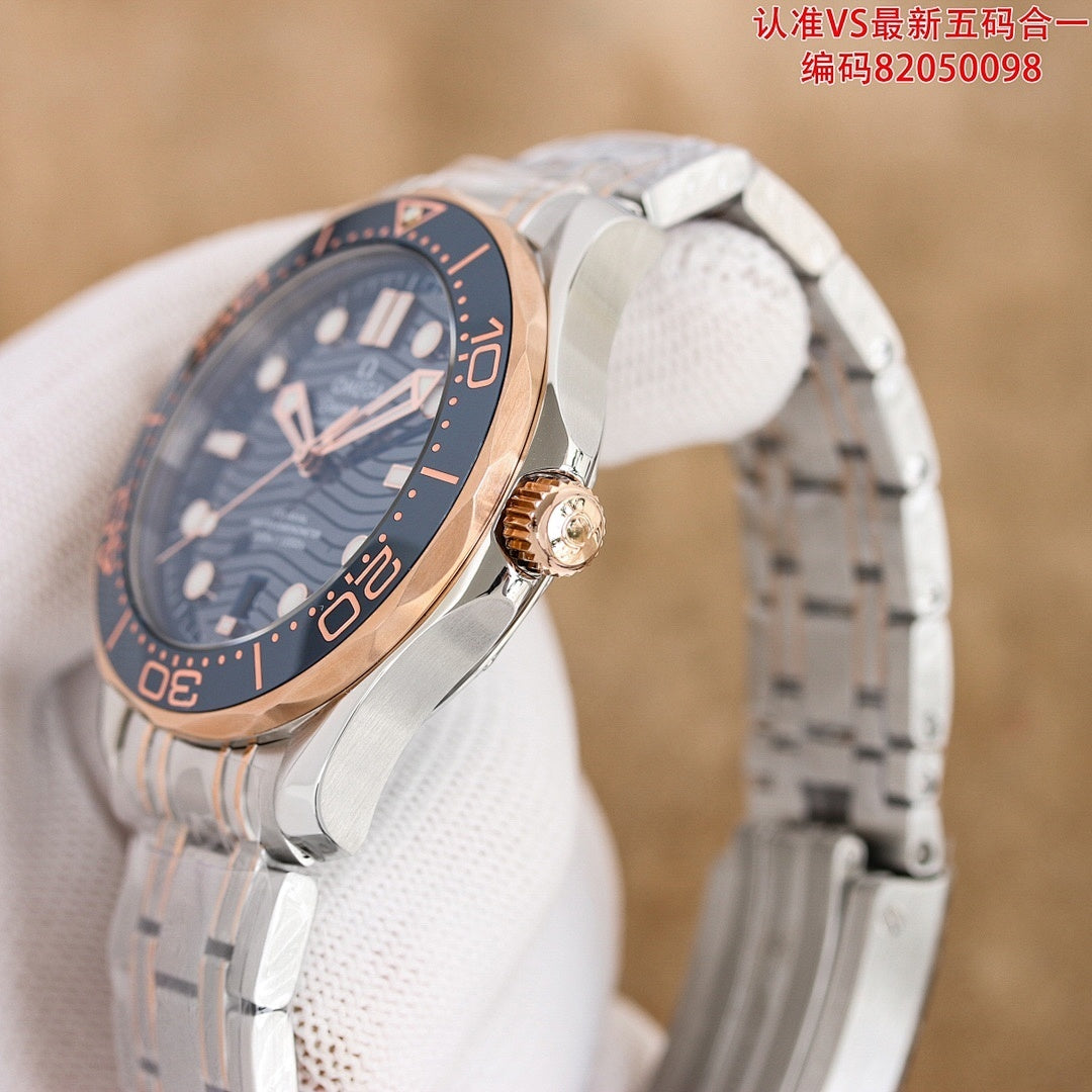 Omega watch with dark blue dial and rose-gold bezel, stainless steel bracelet side