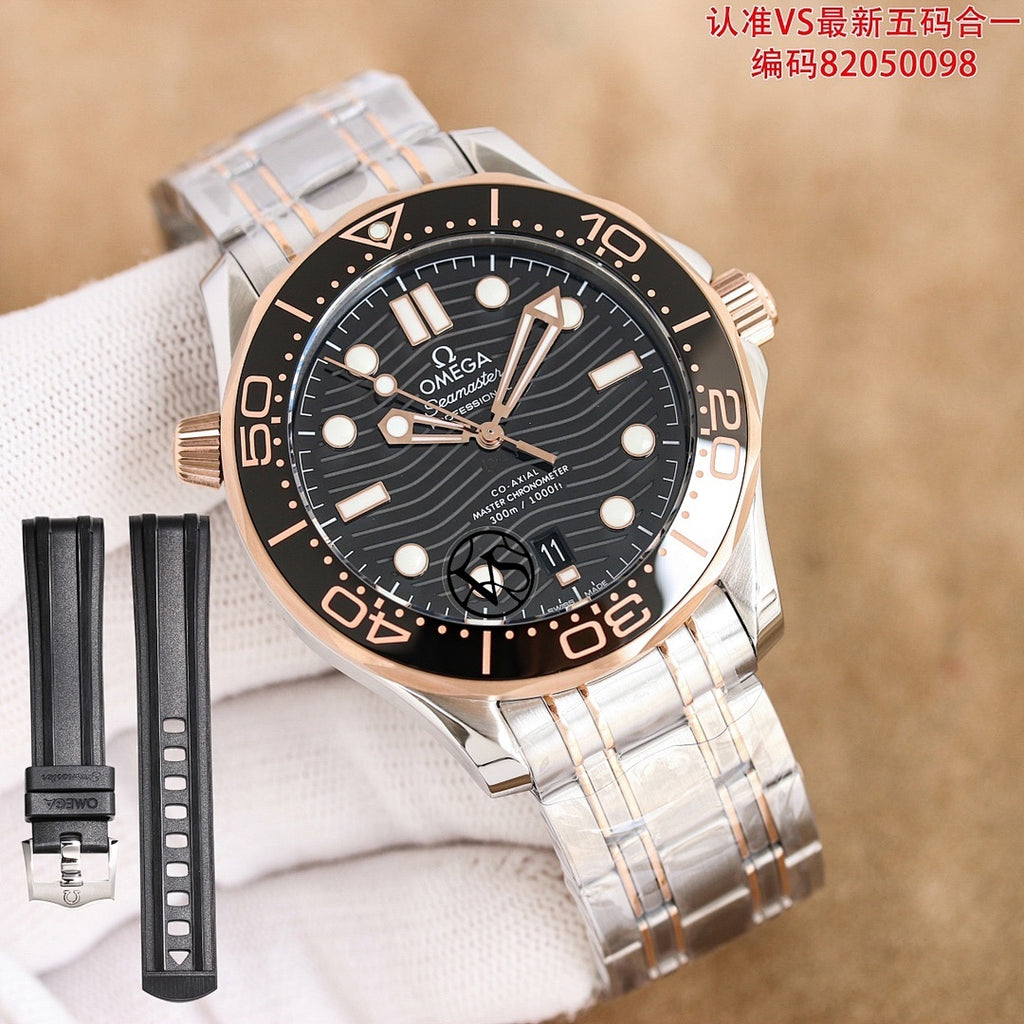 Omega watch with blue dial and rose-gold bezel, stainless steel bracelet