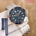 Omega watch with blue dial and rose-gold bezel, stainless steel bracelet and crown
