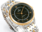 Omega watch close-up with green dial, gold bezel, gold hour markers, metal bracelet