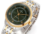 Omega watch angled close-up with green dial, gold bezel, two-tone metal bracelet