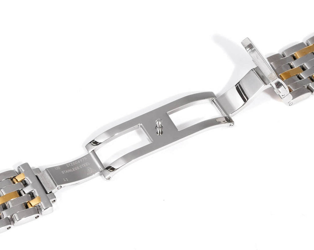 Omega watch band clasp and links in two-tone metal with polished bracelet finish