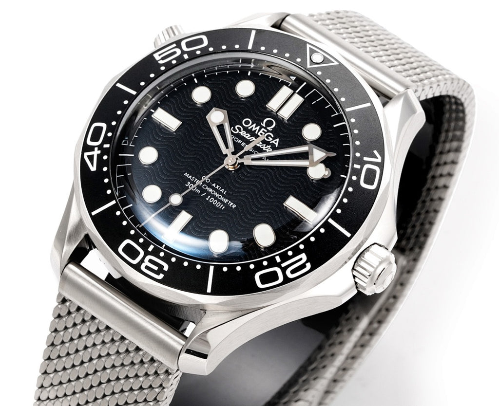 Stainless steel diver wristwatch close view, black dial with silver hands and markers
