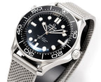 Stainless steel diver wristwatch close view, black dial with silver hands and markers