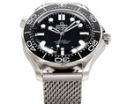 Stainless steel diver wristwatch front view, black dial, rotating dive bezel, mesh band
