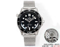 Stainless steel diver wristwatch with black dial, rotating bezel, and mesh bracelet