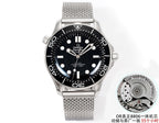 Stainless steel diver wristwatch with black dial, rotating bezel, and mesh bracelet