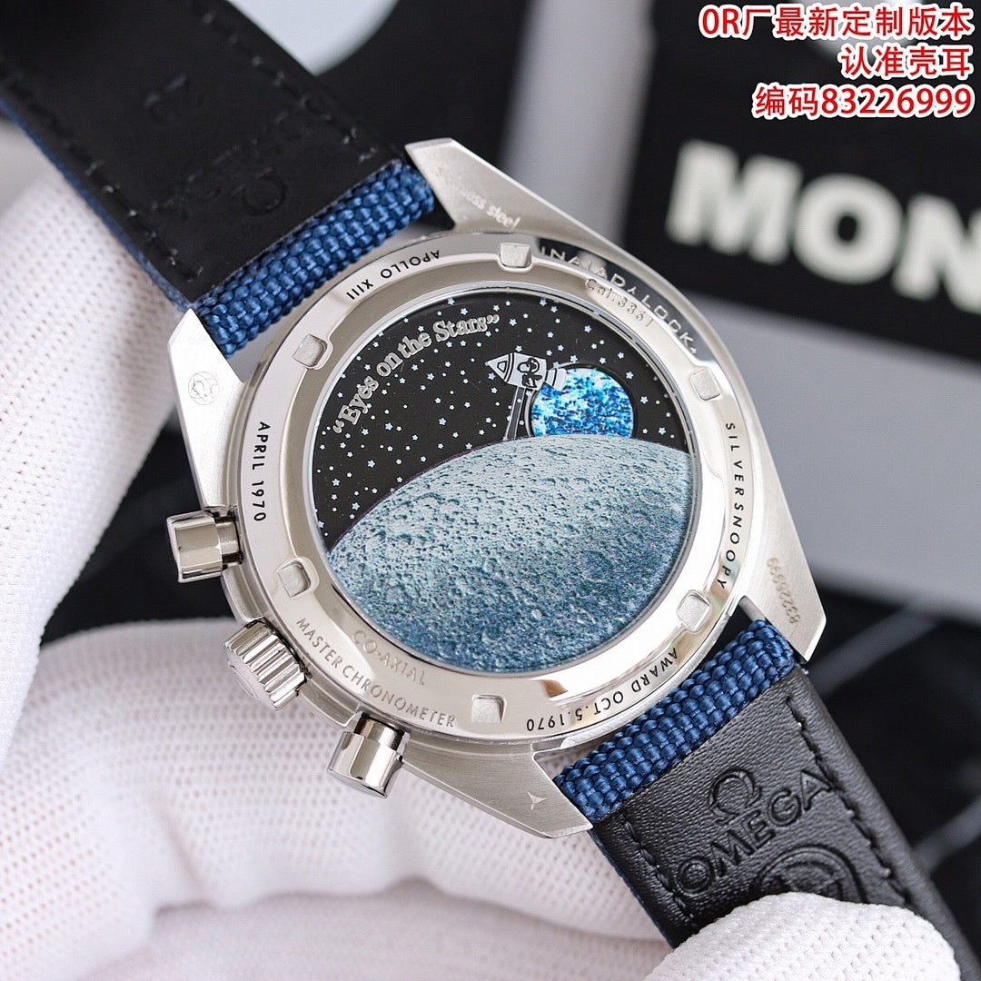 Omega Speedmaster watch showing starry blue dial and moon detail, blue strap