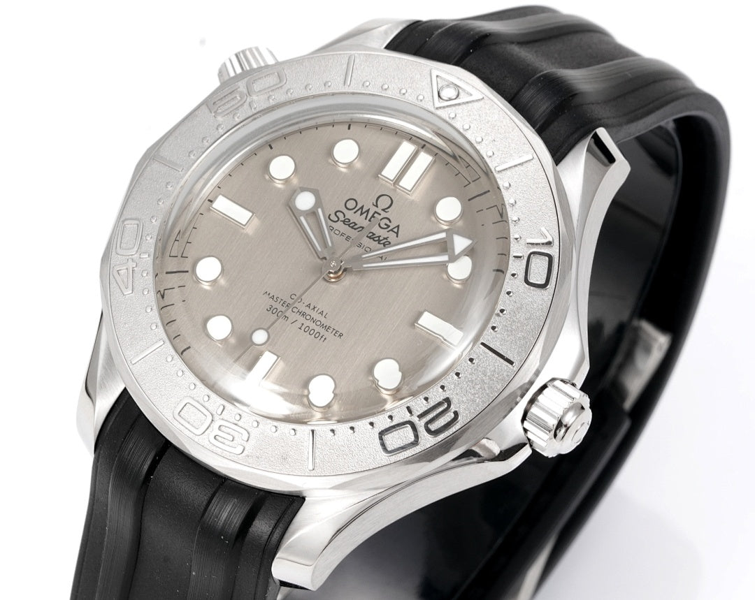 Omega Seamaster watch with silver dial and black rubber strap, angled front view