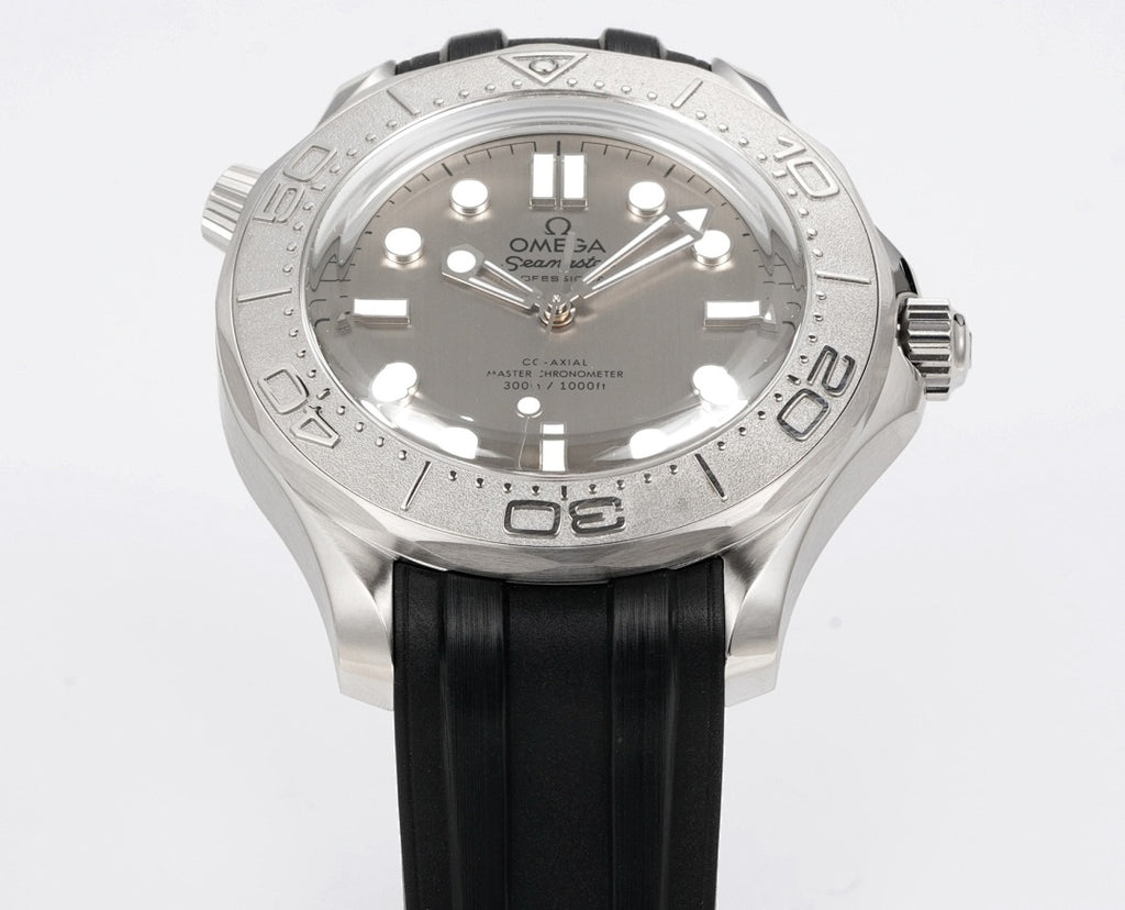 Omega Seamaster watch with silver dial and black rubber strap, front view