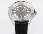 Omega Seamaster watch with silver dial and black rubber strap, front view