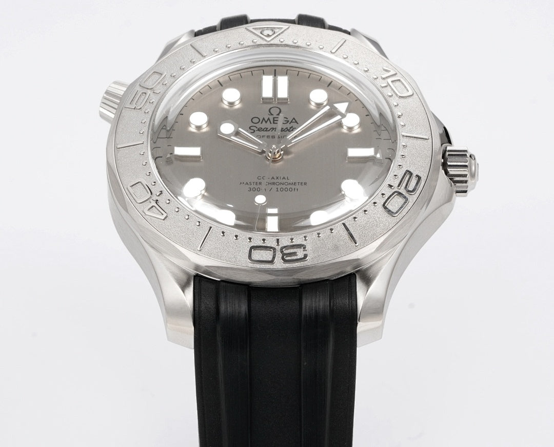 Omega Seamaster watch with silver dial and black rubber strap, front view
