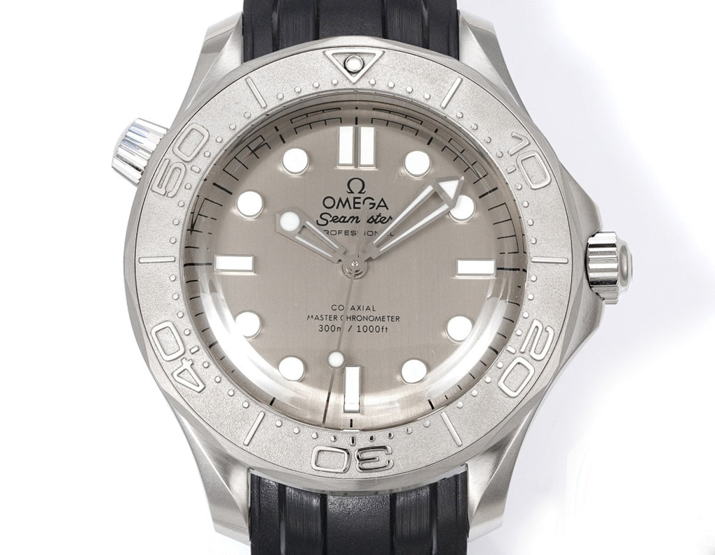 Omega Seamaster watch with silver dial and black rubber strap, straight-on view