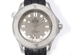 Omega Seamaster watch with silver dial and black rubber strap, straight-on view