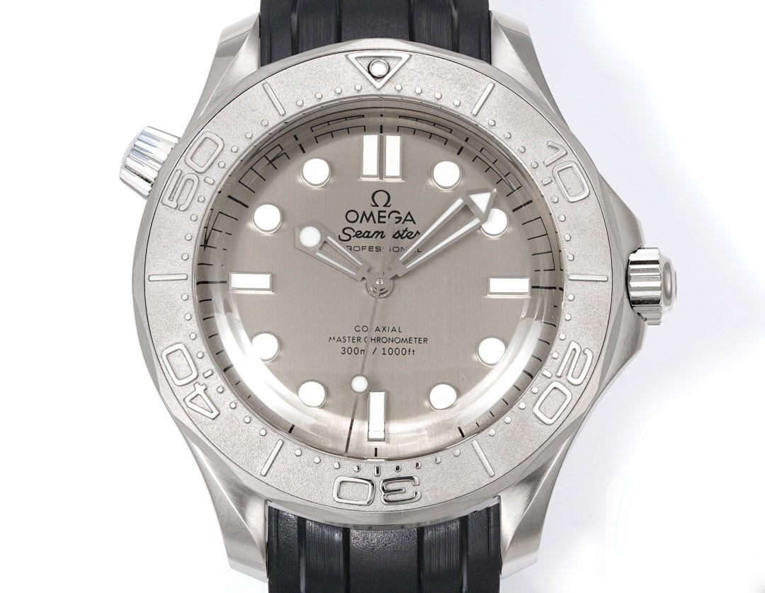 Omega Seamaster watch with silver dial and black rubber strap, straight-on view