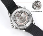 Omega watch with transparent caseback showing movement and black rubber strap
