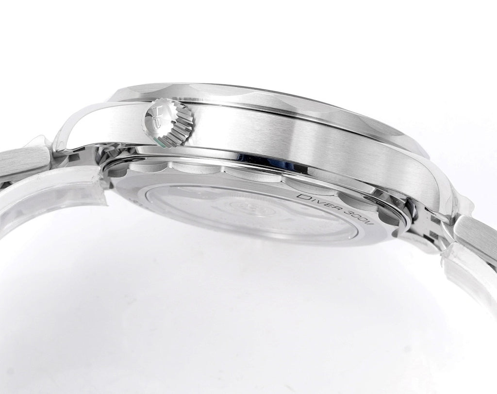 Men's Omega Seamaster stainless-steel watch with crown and engraved side case.