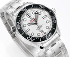 Men's Omega Seamaster watch angled view, white dial with black bezel, steel bracelet.