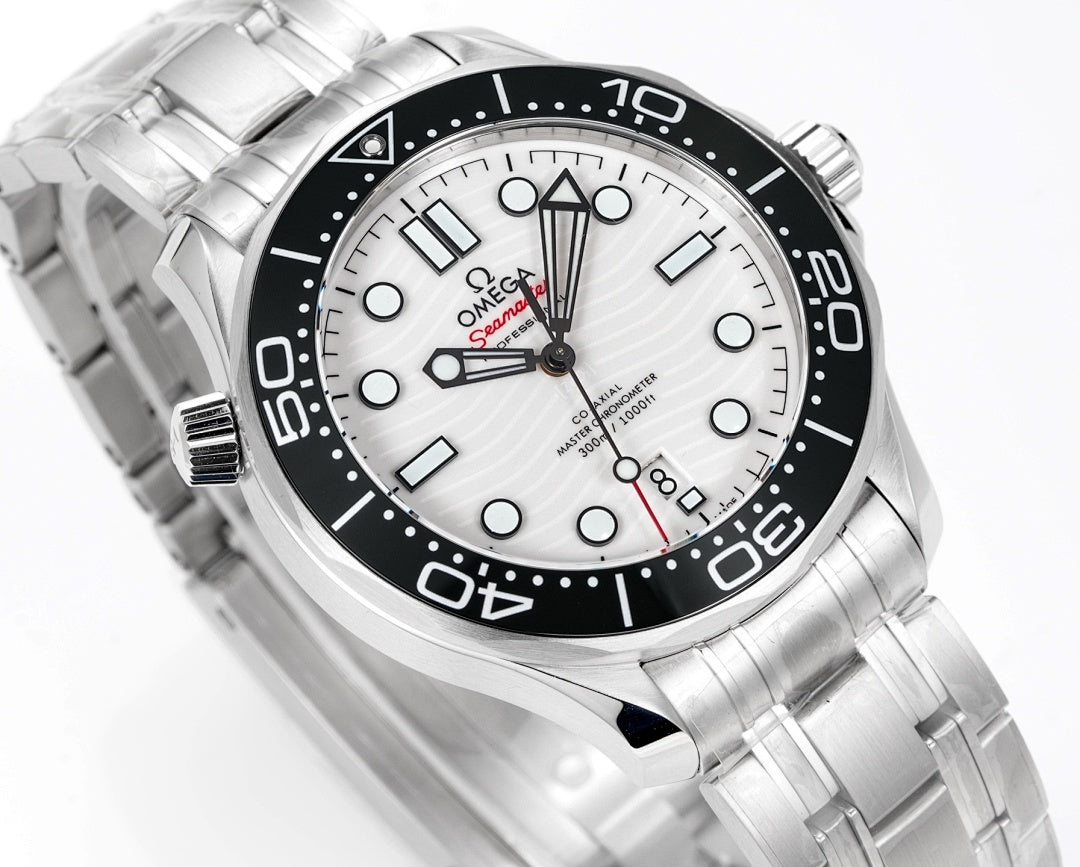 Men's Omega Seamaster watch angled view, white dial with black bezel, steel bracelet.
