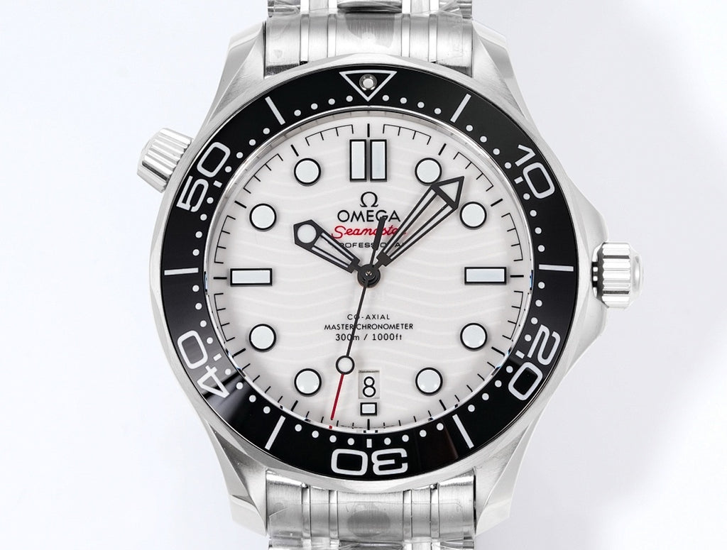 Men's Omega Seamaster front view, white dial with black bezel, steel bracelet.