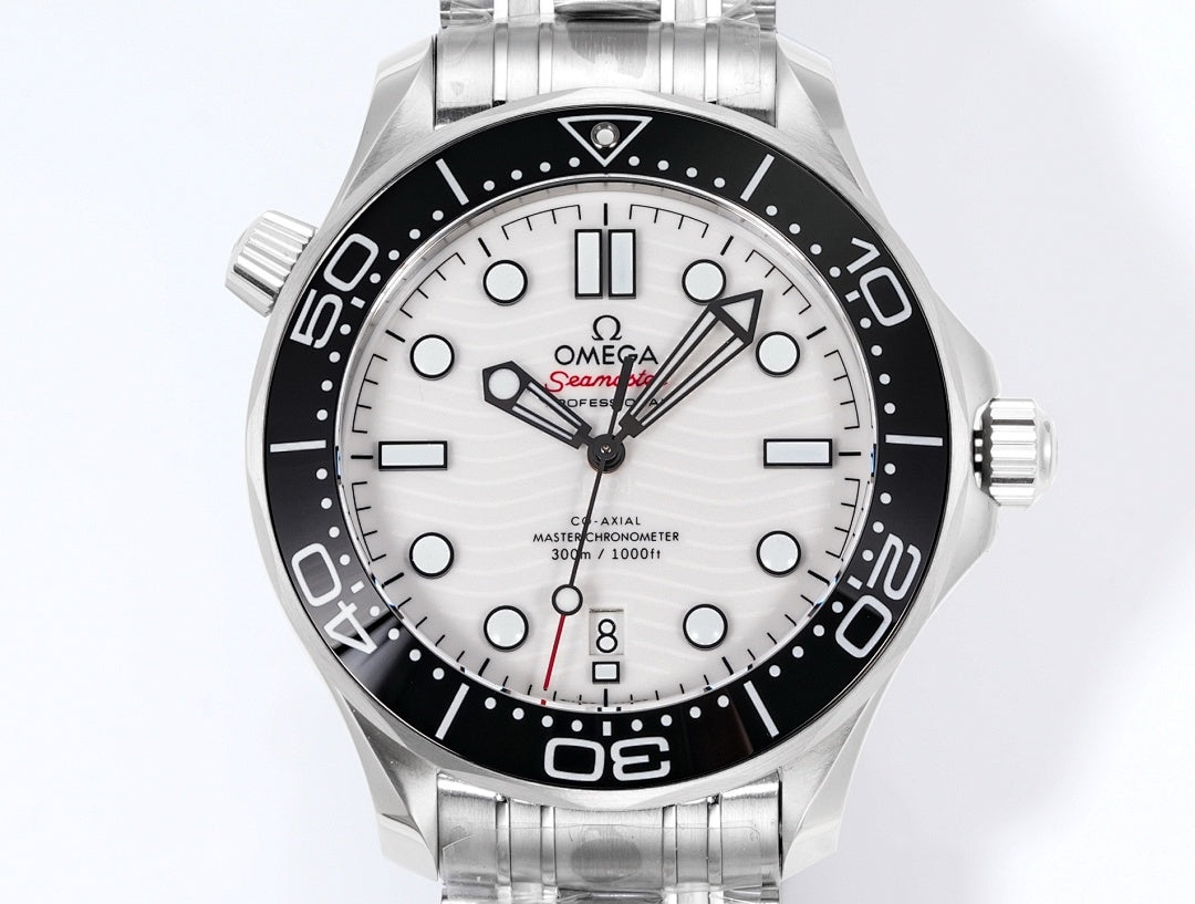 Men's Omega Seamaster front view, white dial with black bezel, steel bracelet.