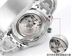 Men's Omega Seamaster watch case with visible movement and steel bracelet.