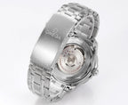 Men's Omega Seamaster watch with stainless-steel bracelet and visible caseback.